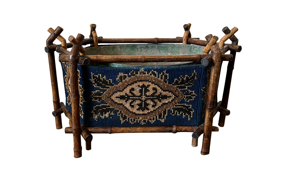 Antique Napoleon III French bamboo, tapestry and tole table jardiniere of hexagonal form - French Garden Antiques