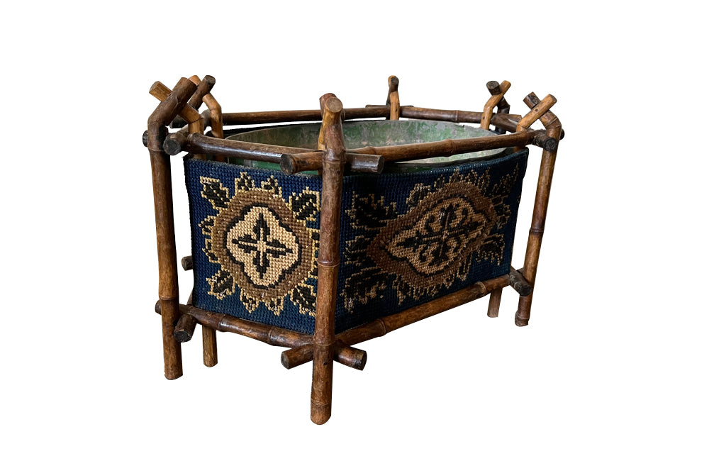 Antique Napoleon III French bamboo, tapestry and tole table jardiniere of hexagonal form - French Garden Antiques