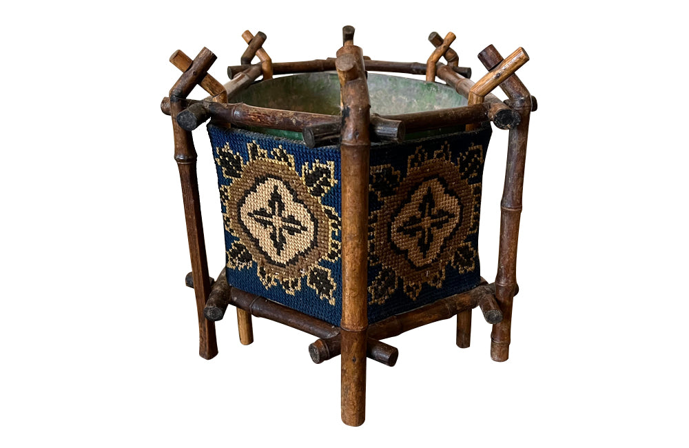 Antique Napoleon III French bamboo, tapestry and tole table jardiniere of hexagonal form - French Garden Antiques