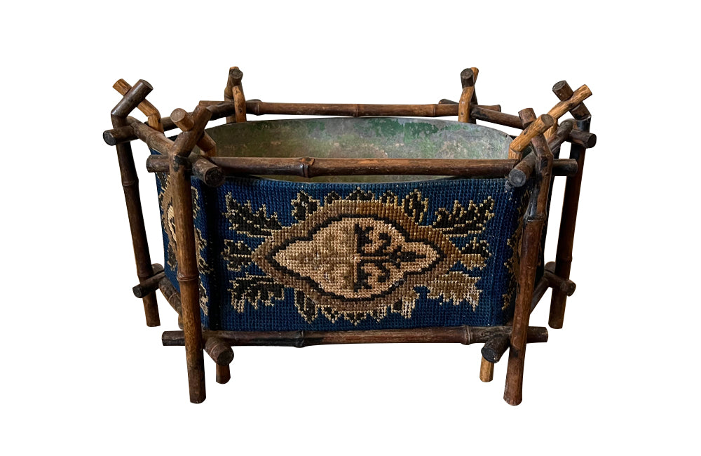 Antique Napoleon III French bamboo, tapestry and tole table jardiniere of hexagonal form - French Garden Antiques