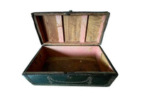 An early 19th century brass banded and studded leather trunk