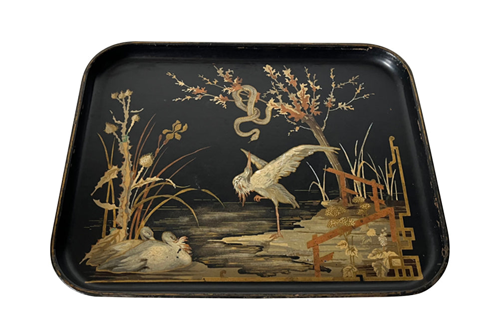 Small 19th century black papier mache Chinoiserie tray