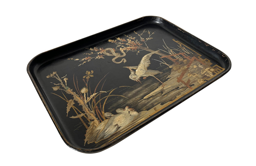Small 19th century black papier mache Chinoiserie tray