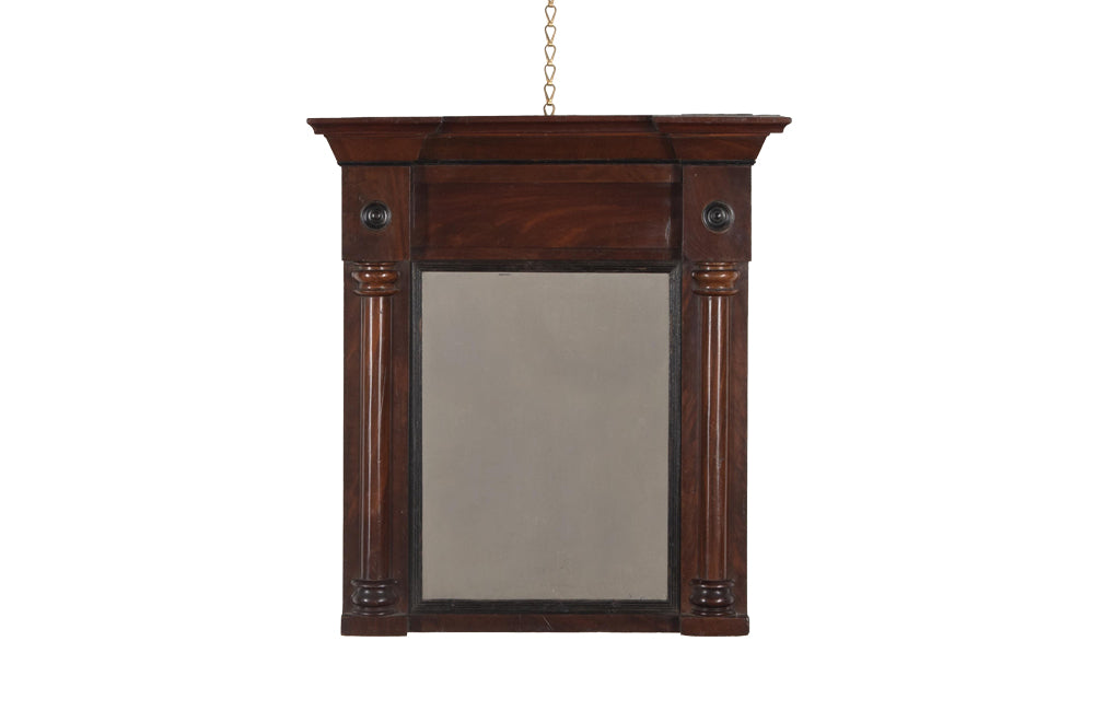 Early 19th Century French mahogany framed mirror with reeded interior band, turned side columns and roundels.