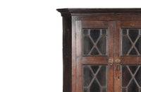 19th century, English, two piece oak corner cupboard with glazed astragal doors to top and bottom 