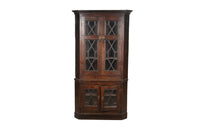 19th century, English, two piece oak corner cupboard with glazed astragal doors to top and bottom 