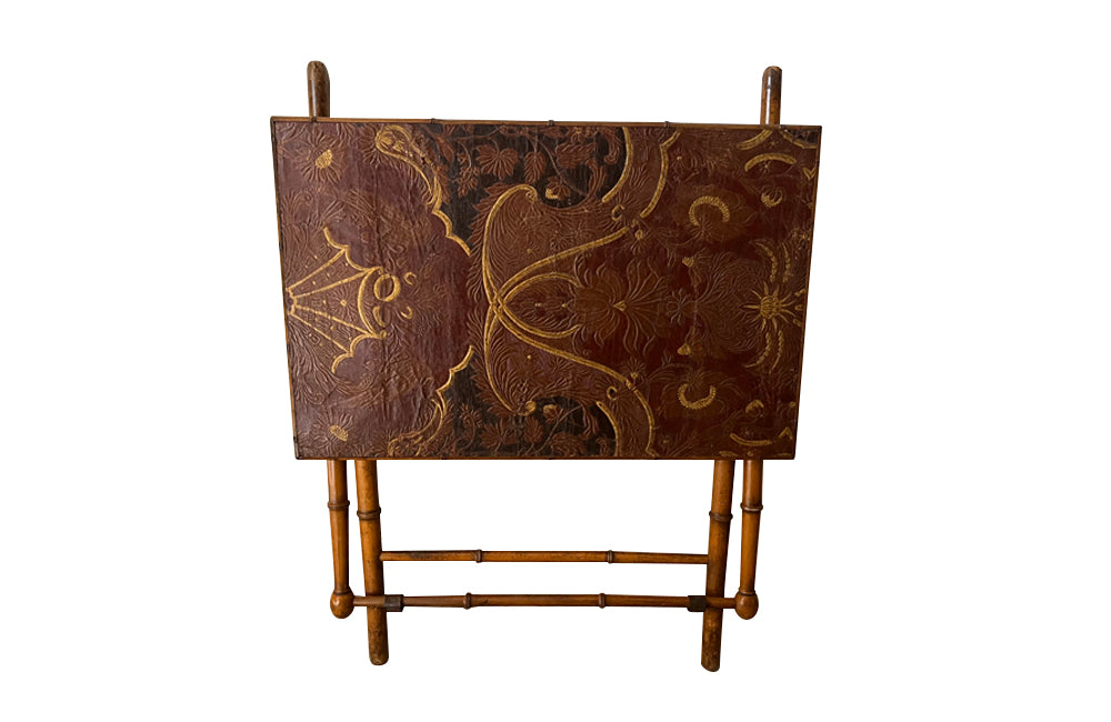 Faux bamboo folding table with embossed leather top c.1900
