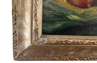 Framed still-life oil on canvas painting of vegetables, fruit, copper jug and glass jar signed by the artist