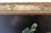 Framed still-life oil on canvas painting of vegetables, fruit, copper jug and glass jar signed by the artist