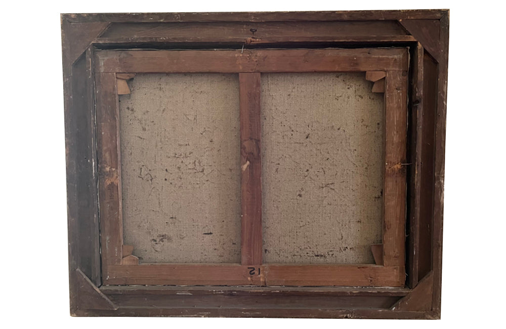 Framed still-life oil on canvas painting of vegetables, fruit, copper jug and glass jar signed by the artist