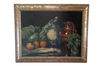 Framed still-life oil on canvas painting of vegetables, fruit, copper jug and glass jar signed by the artist