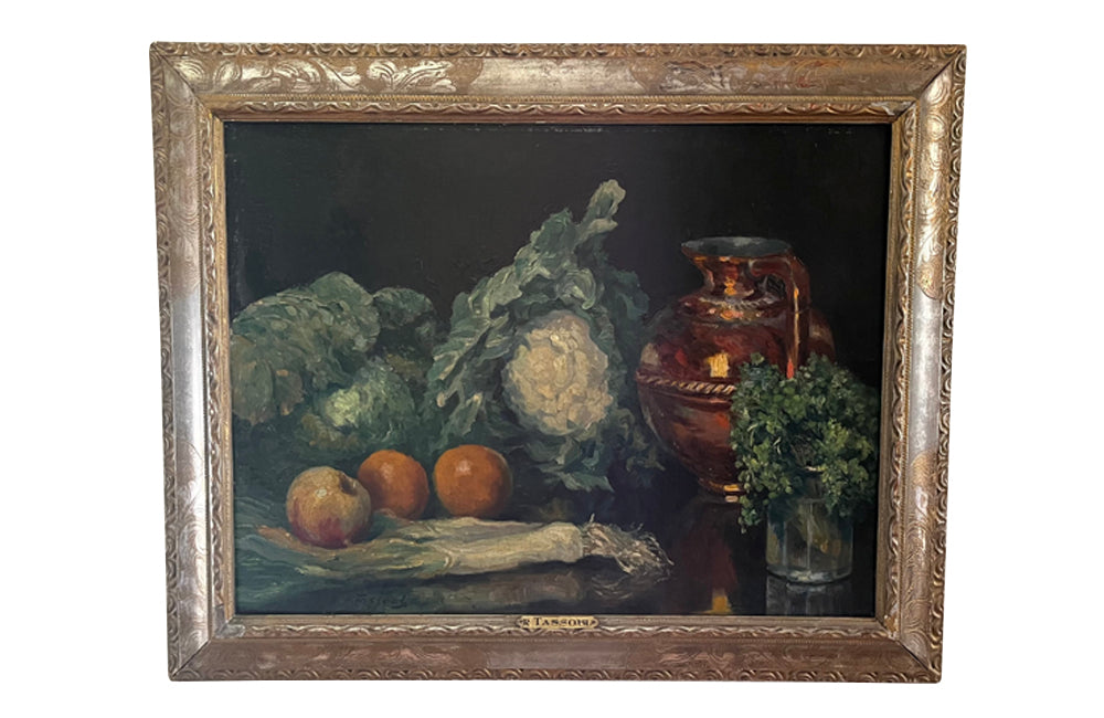 Framed still-life oil on canvas painting of vegetables, fruit, copper jug and glass jar signed by the artist