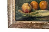 Framed still-life oil on canvas painting of vegetables, fruit, copper jug and glass jar signed by the artist