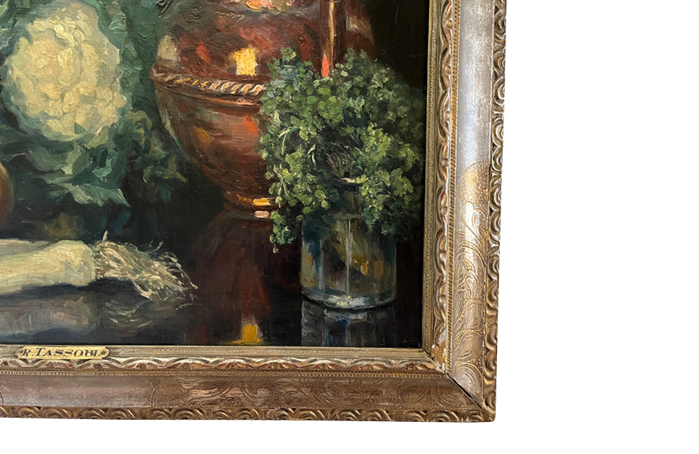 Framed still-life oil on canvas painting of vegetables, fruit, copper jug and glass jar signed by the artist