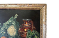 Framed still-life oil on canvas painting of vegetables, fruit, copper jug and glass jar signed by the artist