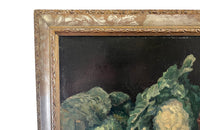 Framed still-life oil on canvas painting of vegetables, fruit, copper jug and glass jar signed by the artist