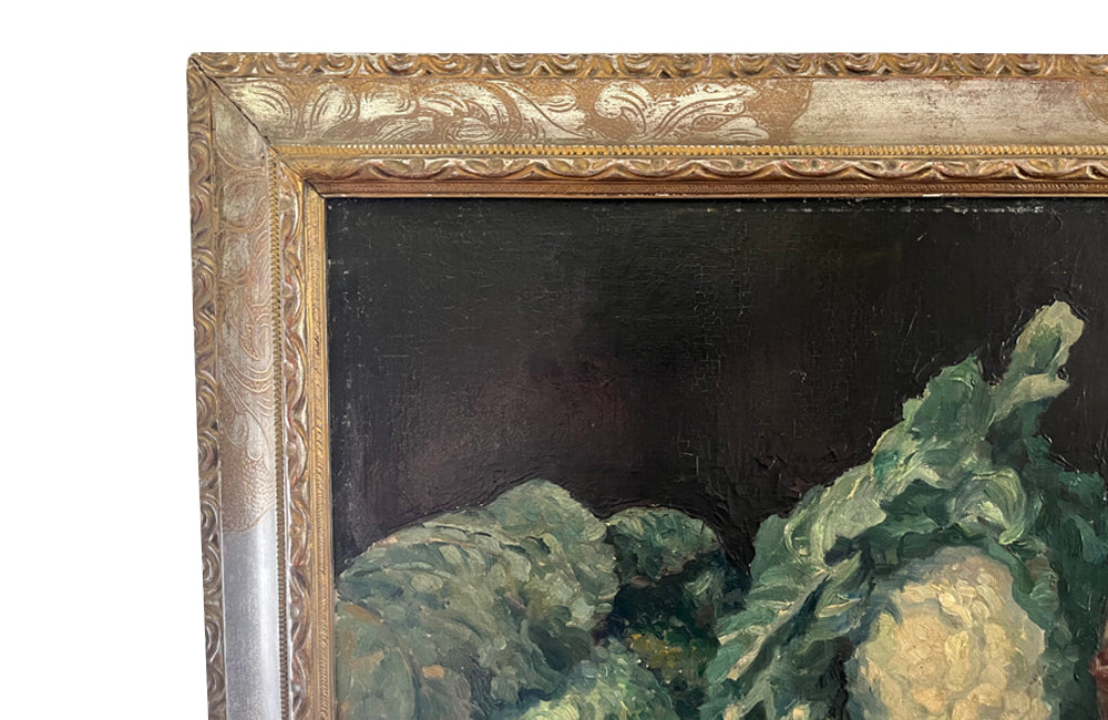 Framed still-life oil on canvas painting of vegetables, fruit, copper jug and glass jar signed by the artist