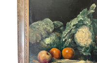 Framed still-life oil on canvas painting of vegetables, fruit, copper jug and glass jar signed by the artist
