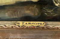 Framed still-life oil on canvas painting of vegetables, fruit, copper jug and glass jar signed by the artist