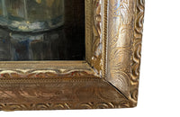 Framed still-life oil on canvas painting of vegetables, fruit, copper jug and glass jar signed by the artist