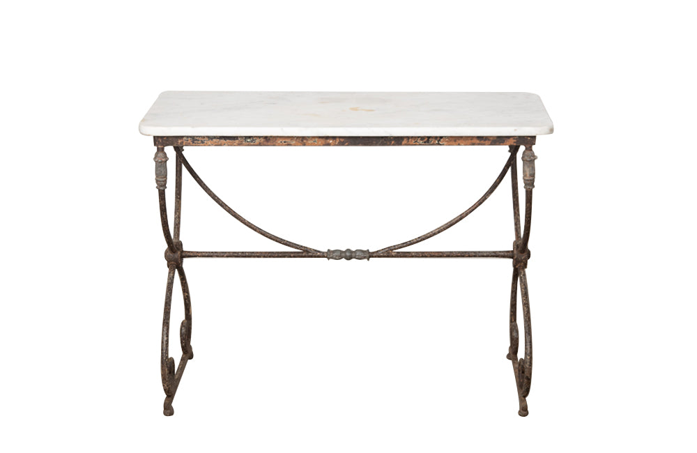 Beautiful 19th century French iron based table with lead medallions and ornamentation to arched stretcher and top of legs.