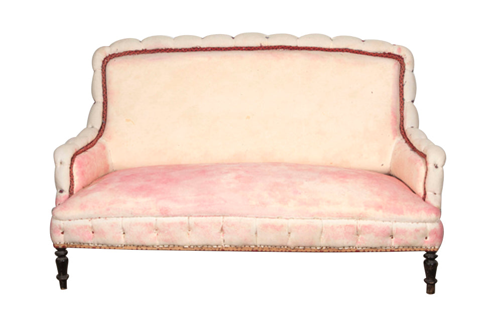 Beautiful large Napoleon III piecrust sofa on ebonised feet.