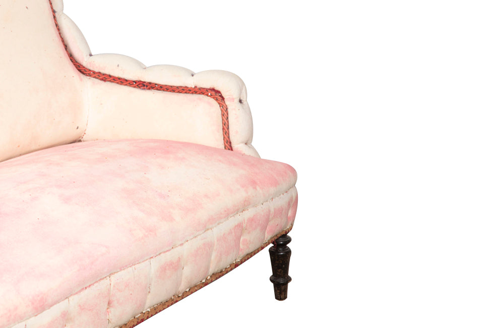 Beautiful large Napoleon III piecrust sofa on ebonised feet.