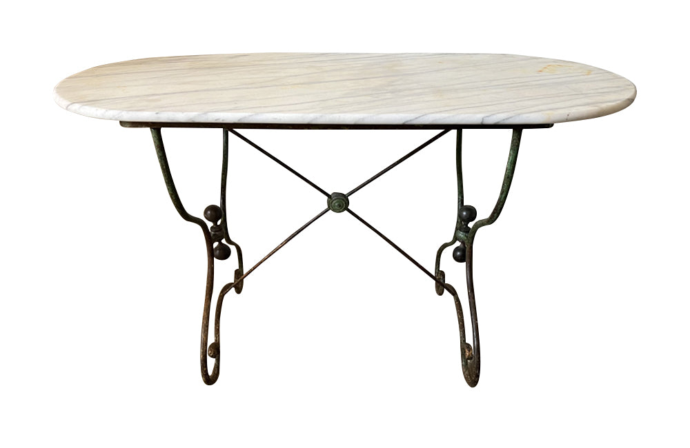 19th Century beautiful French boucherie, or patisserie, presentation table with iron base and oval marble top - French Antique Furniture