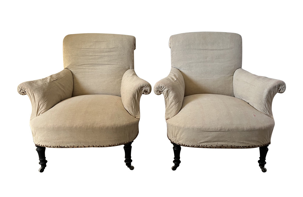 Pair of 19th Century Scroll Back Armchairs - French Antique Furniture - Antique chairs - AD & PS Antiques