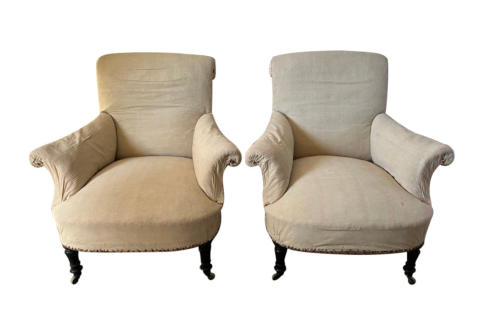 Pair of 19th Century Scroll Back Armchairs - French Antique Furniture - Antique chairs - AD & PS Antiques