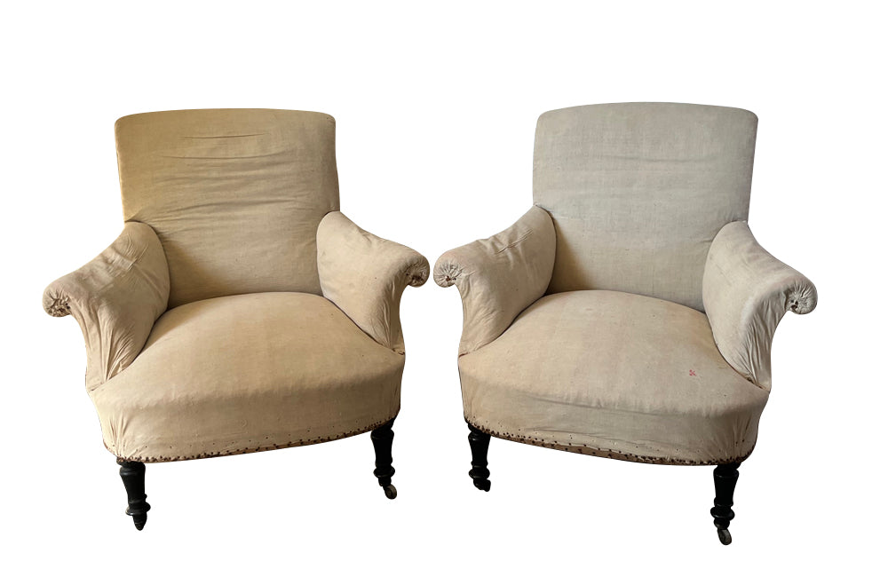 Pair of 19th Century Scroll Back Armchairs - French Antique Furniture - Antique chairs - AD & PS Antiques