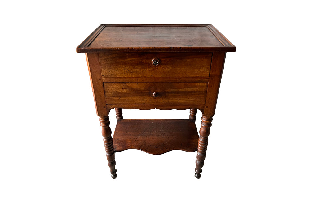 Antique French walnut side table with two drawers and lower shaped shelf - Antique Side Table