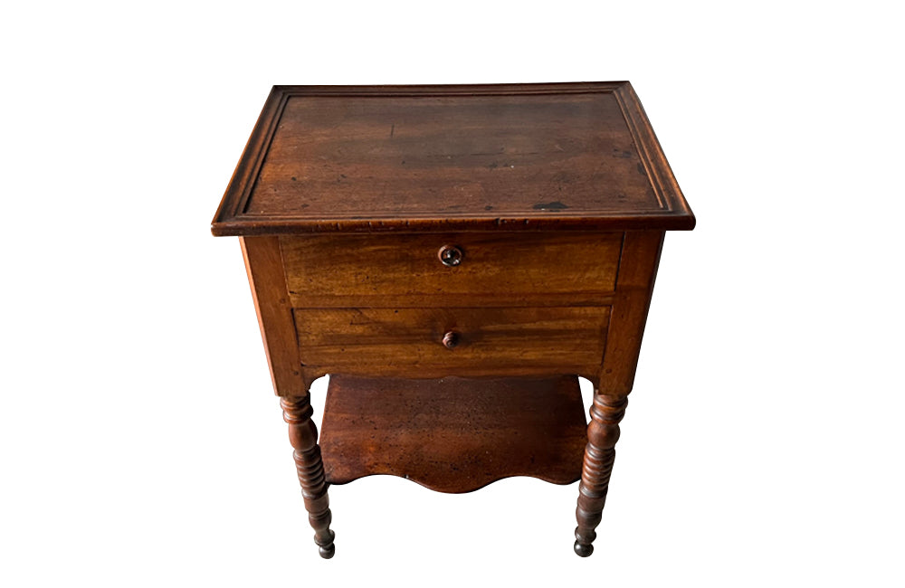 Antique French walnut side table with two drawers and lower shaped shelf - Antique Side Table