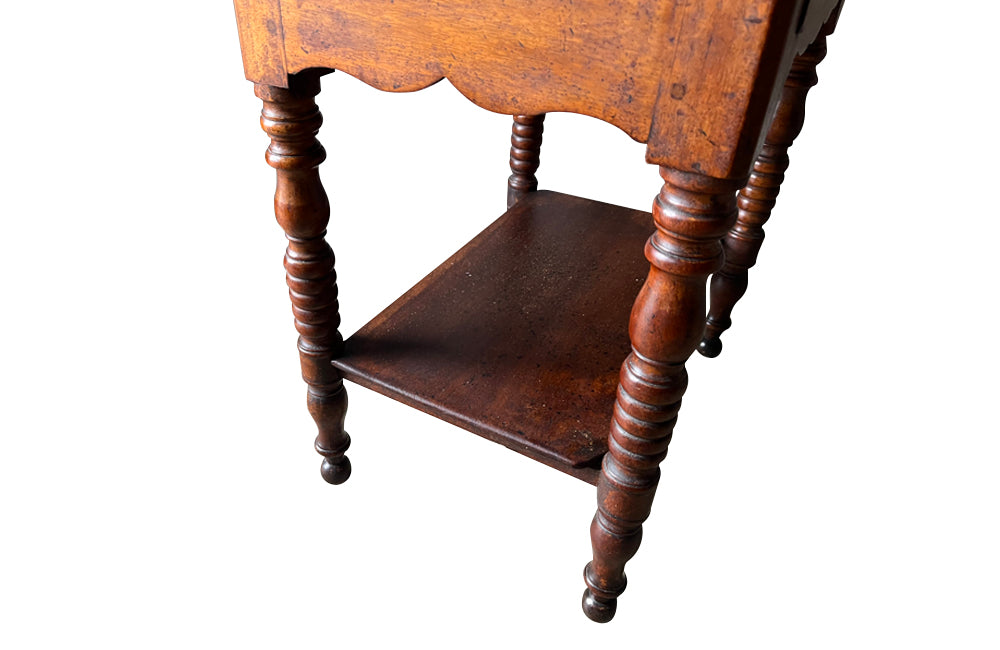 Antique French walnut side table with two drawers and lower shaped shelf - Antique Side Table