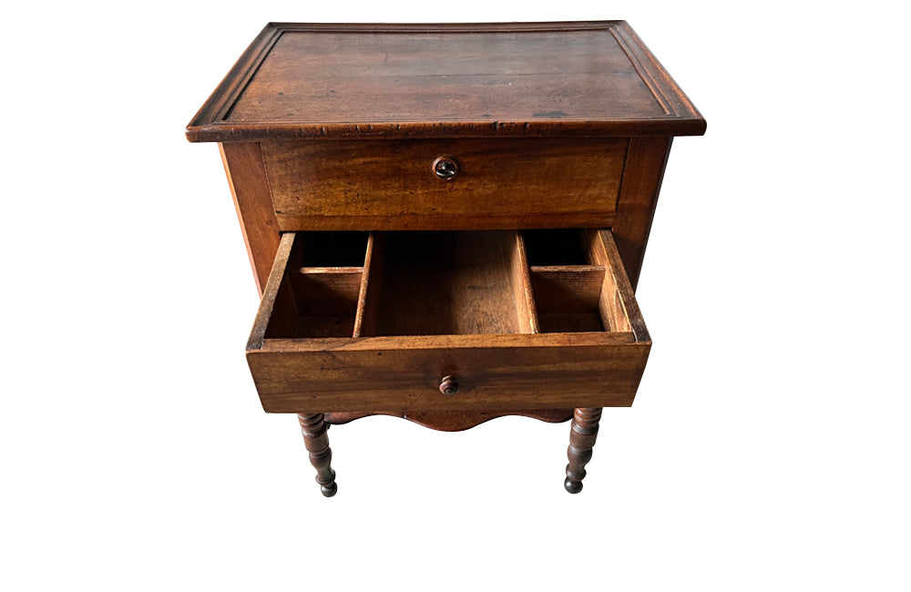 Antique French walnut side table with two drawers and lower shaped shelf - Antique Side Table