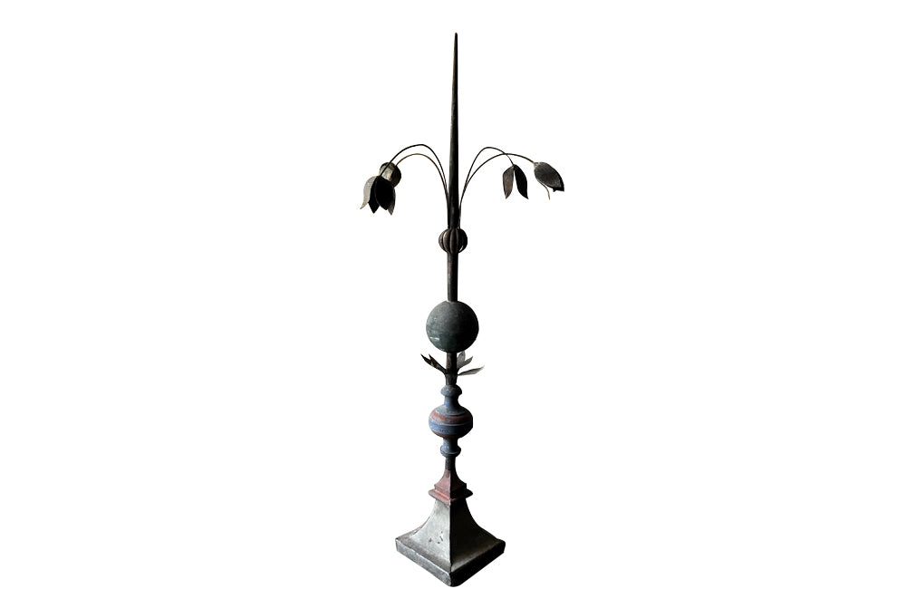 Beautiful, tall 19th century French decorative, polychromed zinc and iron roof finial - Garden Antiques