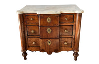 French 19th century walnut miniature chest of drawers with three drawers, brass handles, escutcheons and rings to feet and shaped marble top