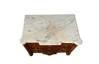 French 19th century walnut miniature chest of drawers with three drawers, brass handles, escutcheons and rings to feet and shaped marble top