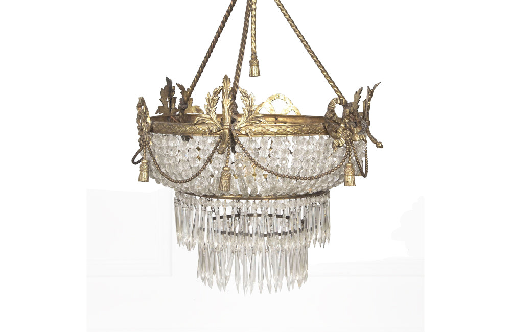 19th century beautiful, large, round, bronze, crystal and glass chandelier in the Neo-Classical style.