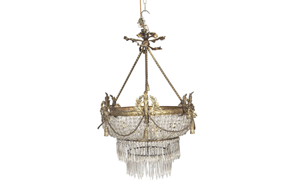 19th century beautiful, large, round, bronze, crystal and glass chandelier in the Neo-Classical style.