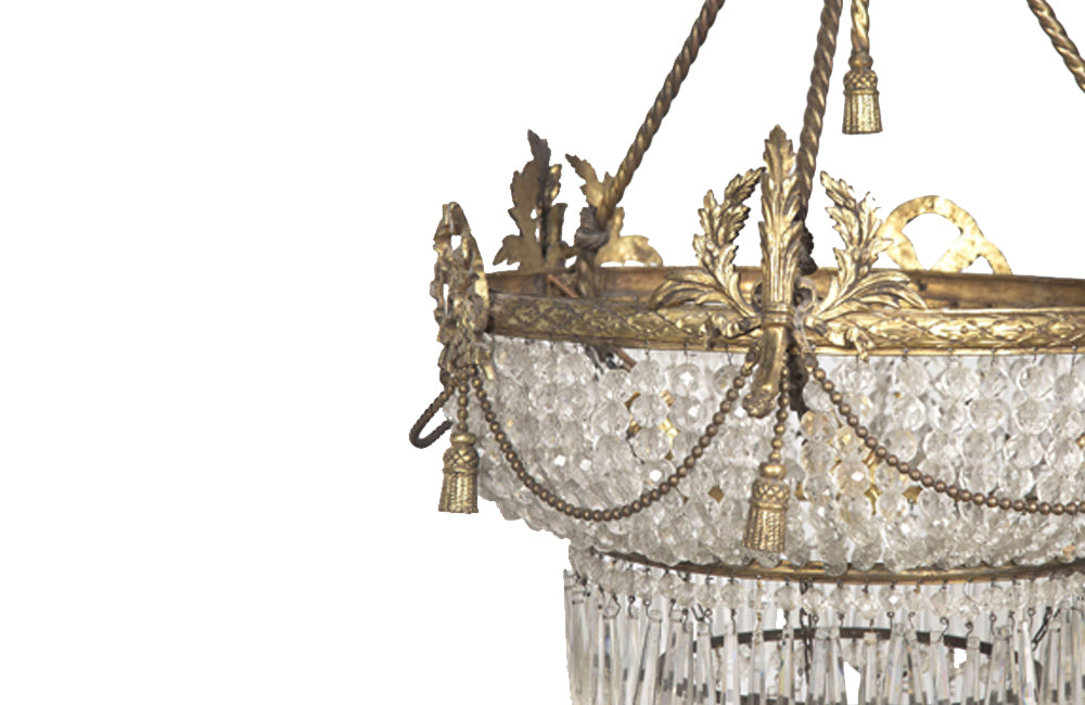 19th century beautiful, large, round, bronze, crystal and glass chandelier in the Neo-Classical style.