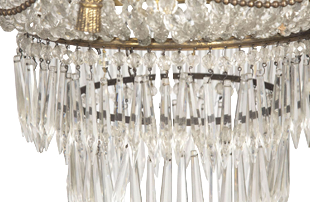 19th century beautiful, large, round, bronze, crystal and glass chandelier in the Neo-Classical style.