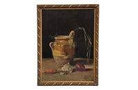 Framed, 19th century oil on wood still life painting of a confit pot, carrot, garlic and onion.