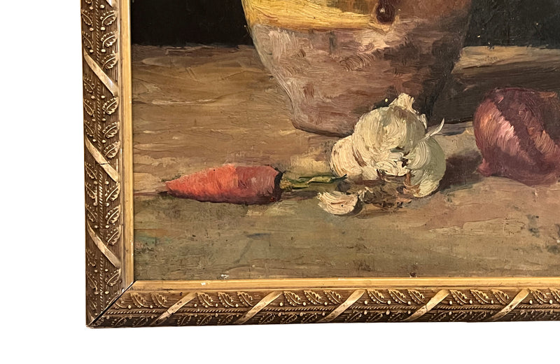 Framed, 19th century oil on wood still life painting of a confit pot, carrot, garlic and onion.