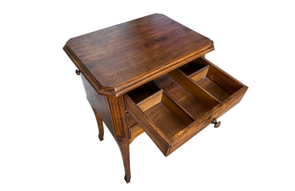 Antique French walnut side table with three drawers and pull out slides to each side - Antique Side Table