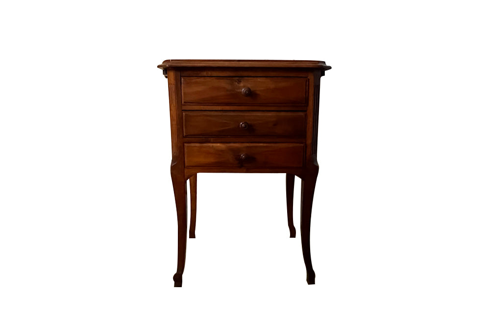 Antique French walnut side table with three drawers and pull out slides to each side - Antique Side Table