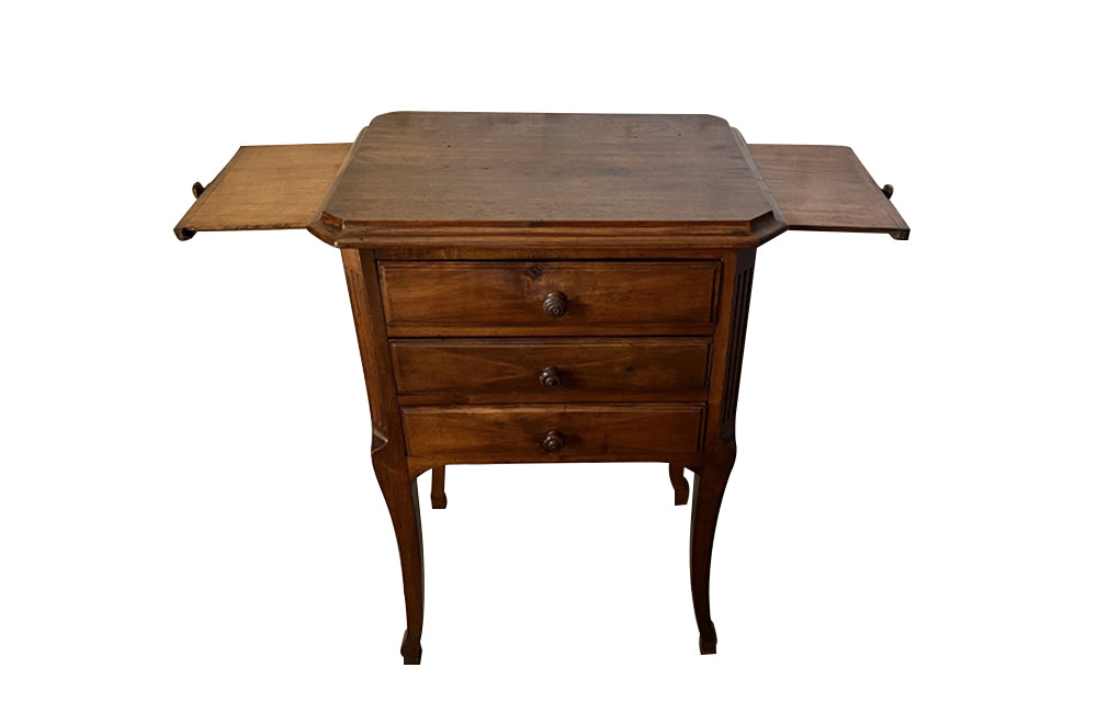 Antique French walnut side table with three drawers and pull out slides to each side - Antique Side Table