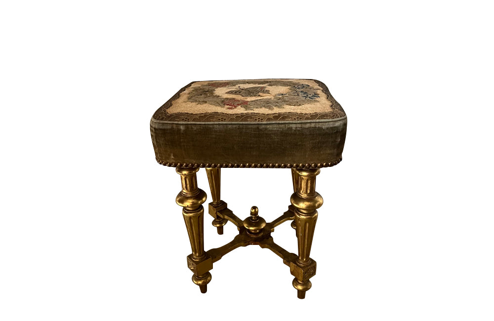 Antique stool Louis XVI revival giltwood with pretty needlework seat French - Antique French Furniture
