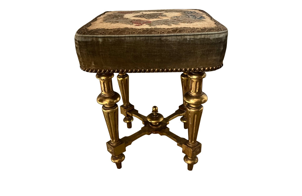 Antique stool Louis XVI revival giltwood with pretty needlework seat French - Antique French Furniture