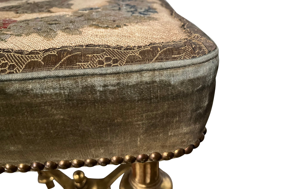 Antique stool Louis XVI revival giltwood with pretty needlework seat French - Antique French Furniture